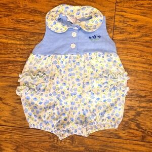 💥3/$24‎ Vintage Small Steps Blue and White Floral Romper with Ruffled Edge